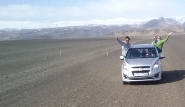 The Chevrolet Spark in a very volcanic landscape